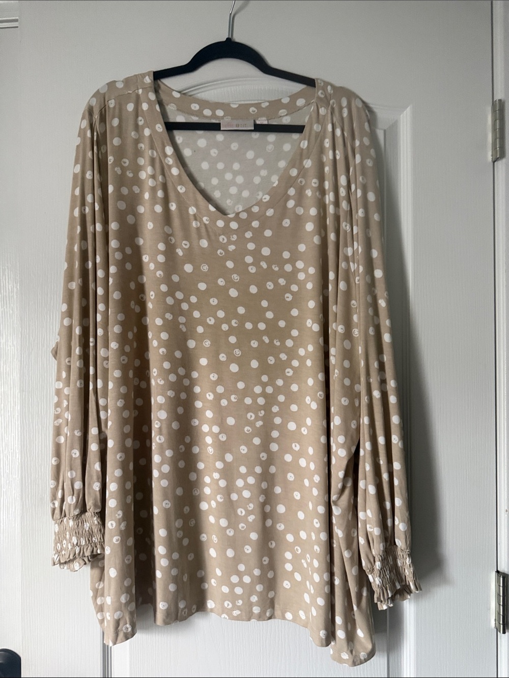Belle by Kim Gravel Beige & White Polka Dot V-Neck Blouse Size 5X